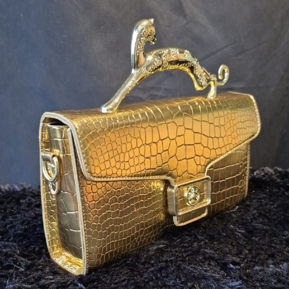 Chic Gold Crocodile Embossed Clutch with Gold Leopard Handle - Picture 5 of 17